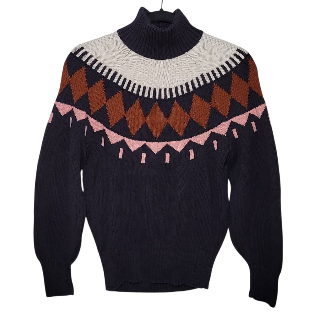 Free Assembly Sweater Fair Isle Mock Neck Navy Blue Women Small Apres Ski Preppy